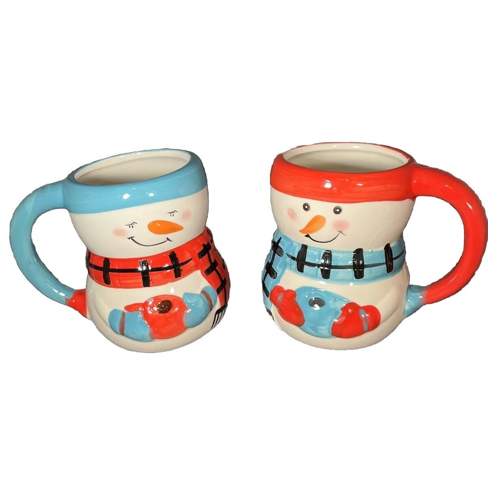 2 Bay Island Winter snowman 2022 Cocoa Ceramic Glass Mug 12 OZ Red Blue TrimE